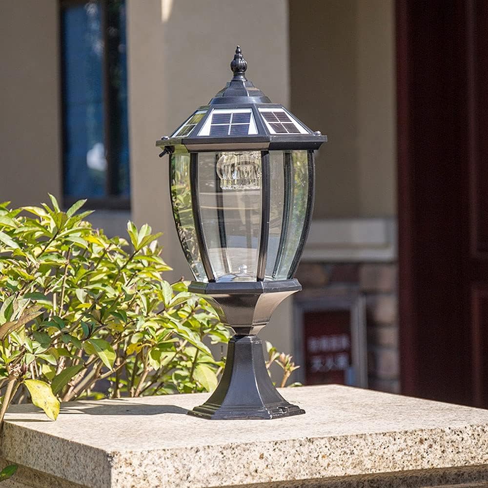 LED Solar Post Pillar Lantern Vintage Outdoor, Classic Glass Shade Aluminum Exterior Column Lamp, IP65 Bollard Lamps Outdoor Pedestal Lights Garden Landscape Lawn Lantern (Color : Black-3000K)