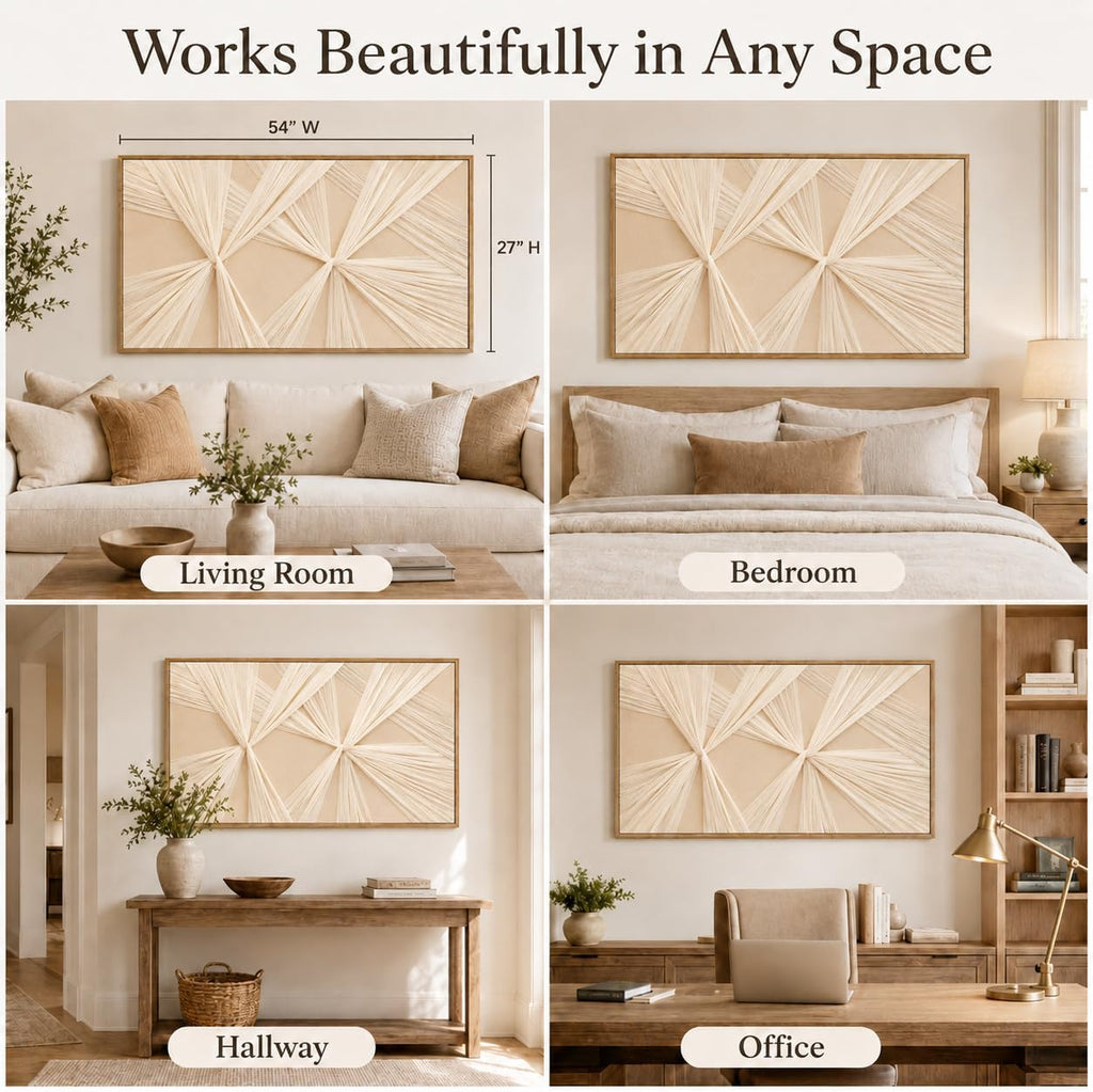 Artists' Handicraft, Extra Large Luxury 3D Fabric Neutral Textured Wall Art, Minimalist Abstract Boho Modern Long Beige Painting Wall Decor for Living Room Bedroom Hallway Office, Horizontal, 54x27 Inces