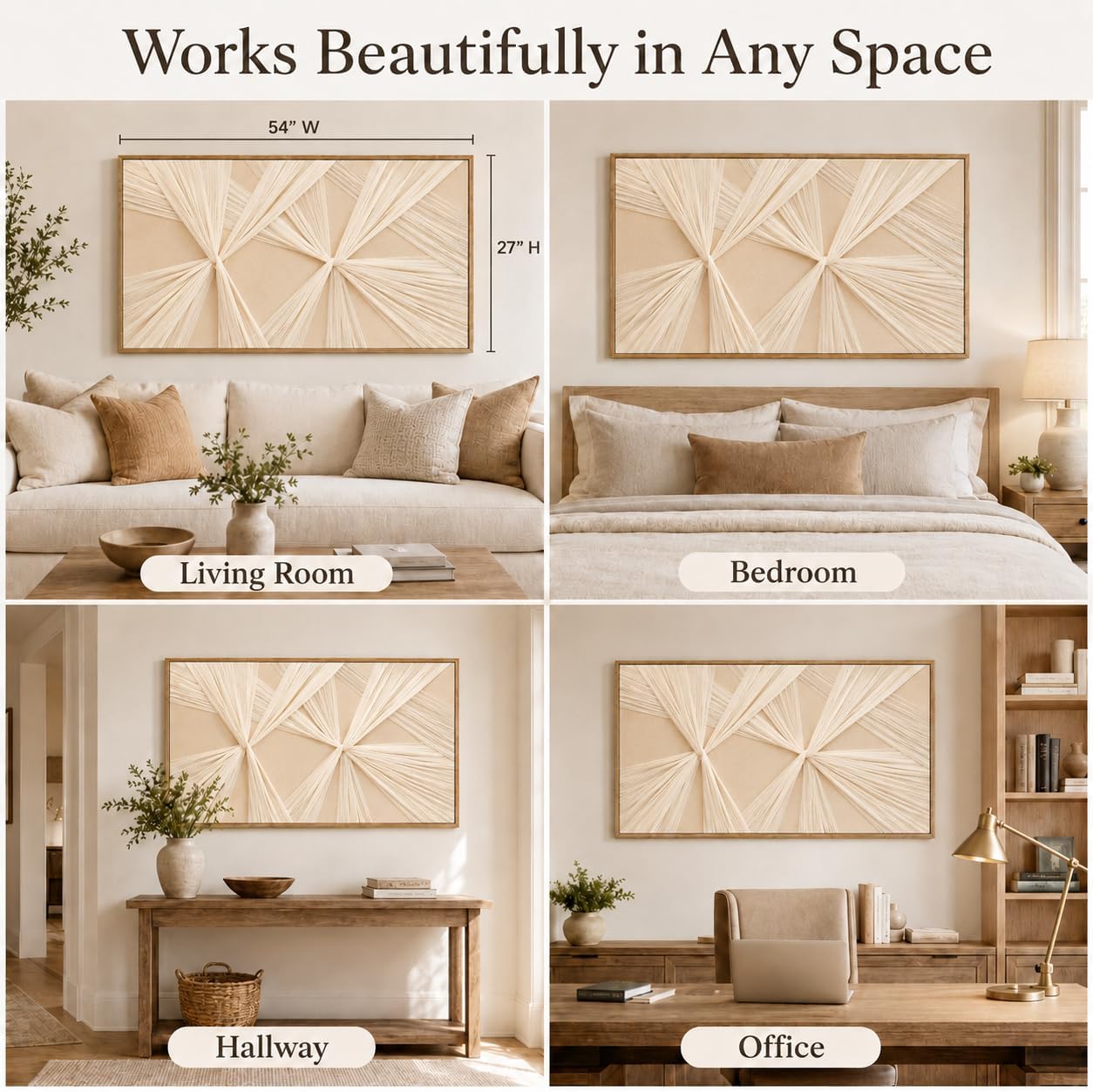Artists' Handicraft, Extra Large Luxury 3D Fabric Neutral Textured Wall Art, Minimalist Abstract Boho Modern Long Beige Painting Wall Decor for Living Room Bedroom Hallway Office, Horizontal, 54x27 Inces