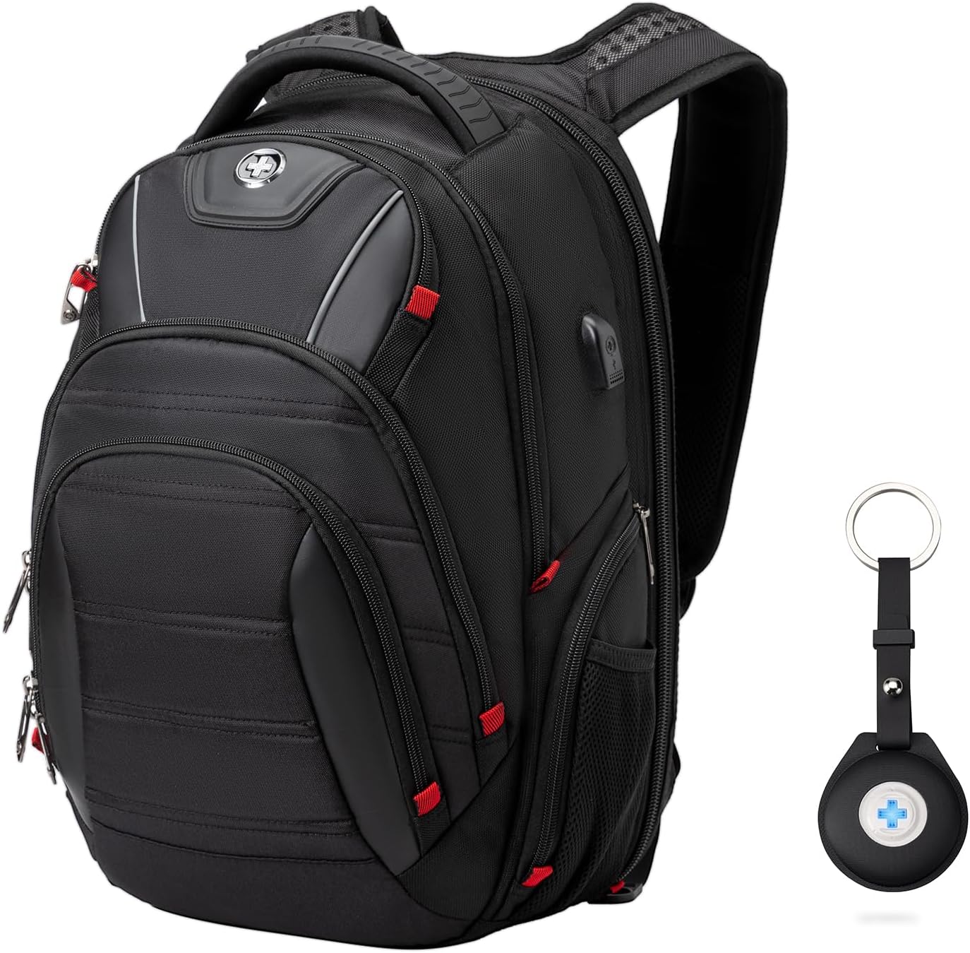 Swissdigital Design Travel Backpack for men with Apple Find My, TSA Friendly USB Charging RFID Protection Business Backpack Fits 15.6' Laptops Black | J149508F-BR