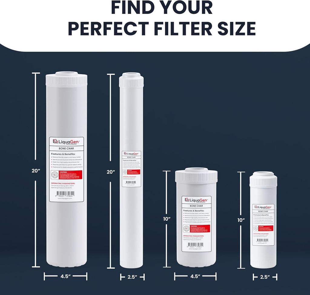LiquaGen Bone Char Water Filter Replacement Cartridge – Helps Reduce Fluoride – Universal Refillable Filter for Whole House & Drinking Water – 2.5x10, 2.5x20, 4.5x10, 4.5x20 (1, 2.5' x 20')
