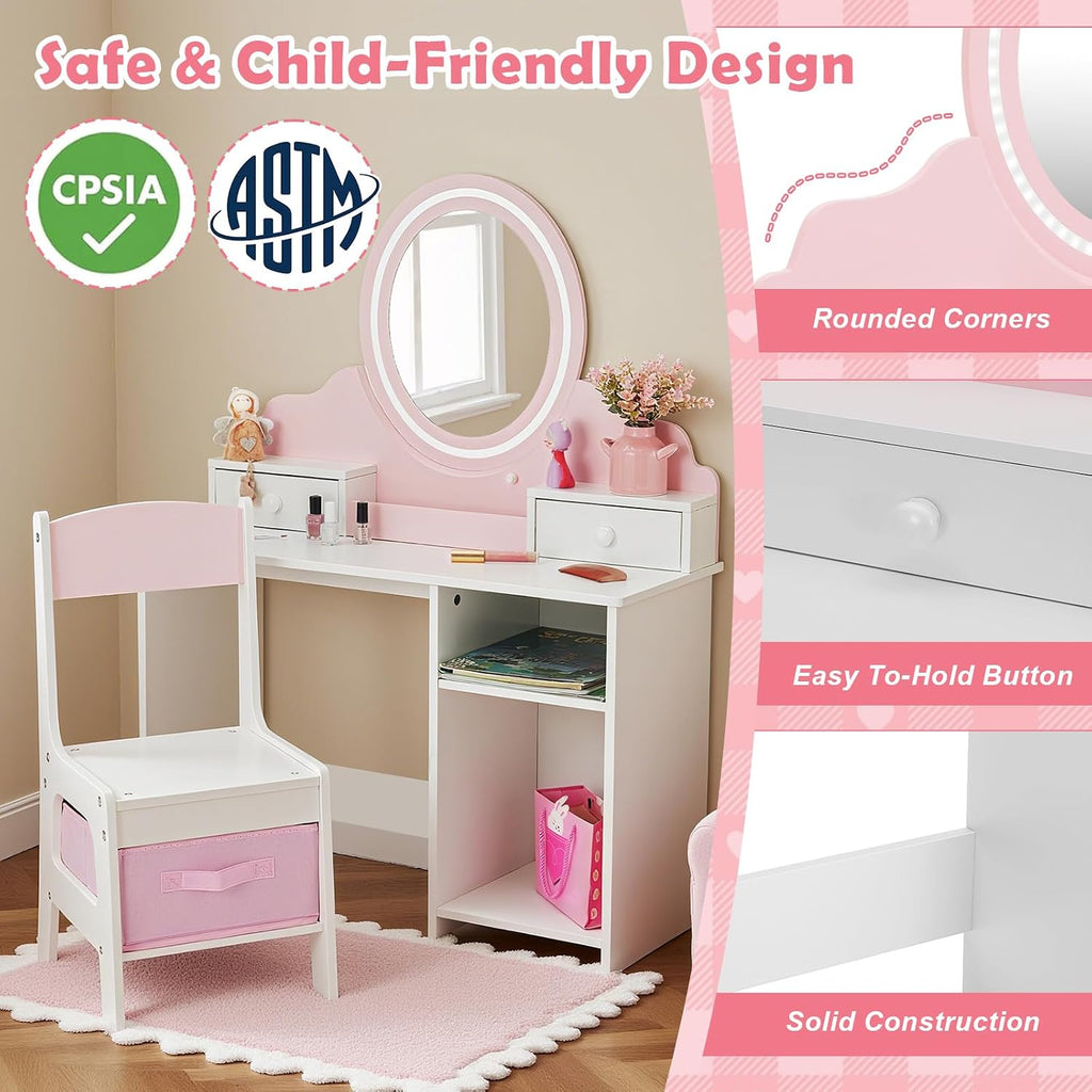 JOYLDIAS Kids Vanity Set with Lights, Pink Girls Vanity with Mirror and Chair, 2-in-1 Toddler Makeup Vanity Desk with 2 Drawers, Storage Cabinet & Shelves, Dressing Table for Kids Ages 3+