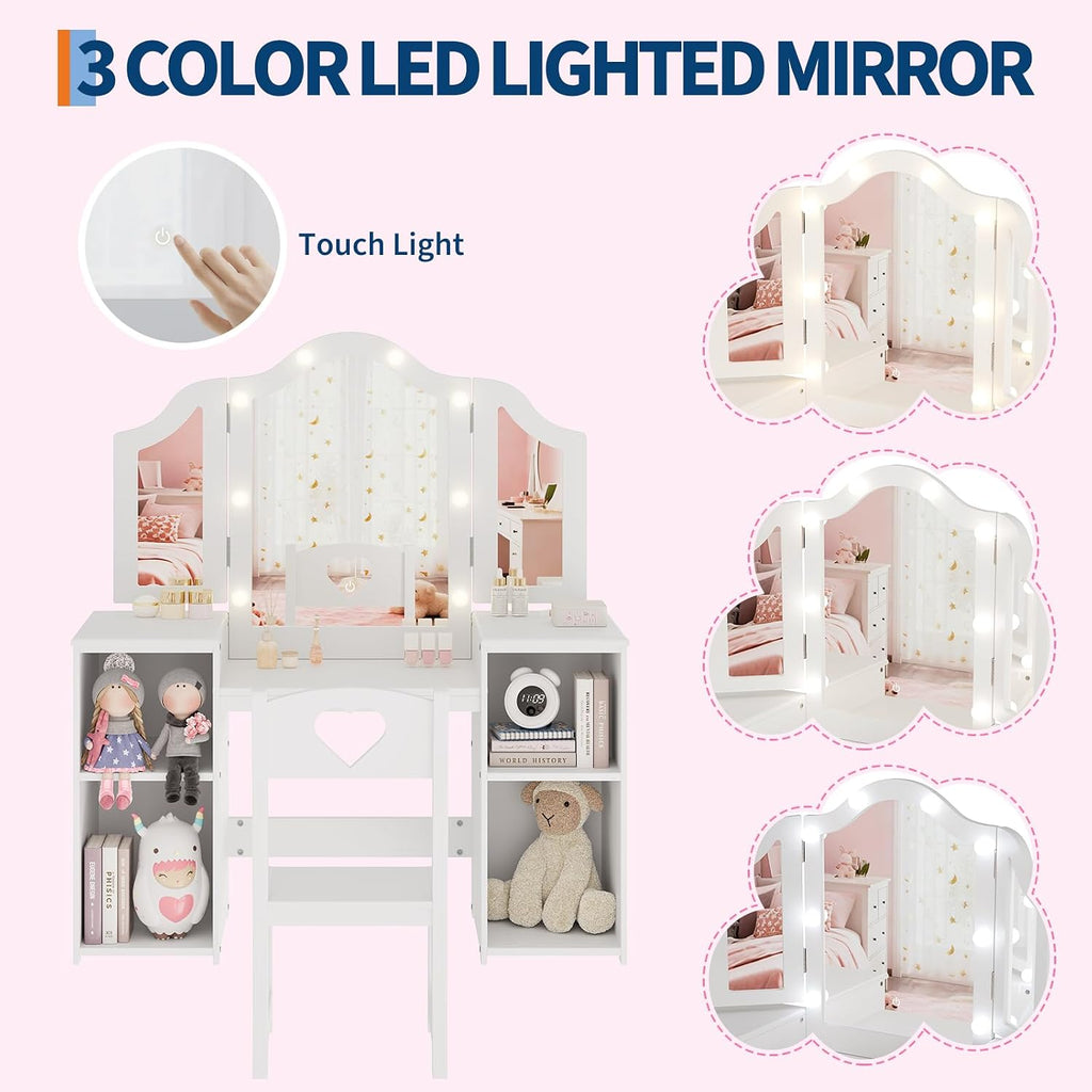 Kids Vanity Table and Chair Set, 2 in 1 Princess Vanity with Touch Light Tri-Folding Mirror, Detachable Makeup Wood Desk with Storage Shelves, Convertible Kids Desk for Girls，White