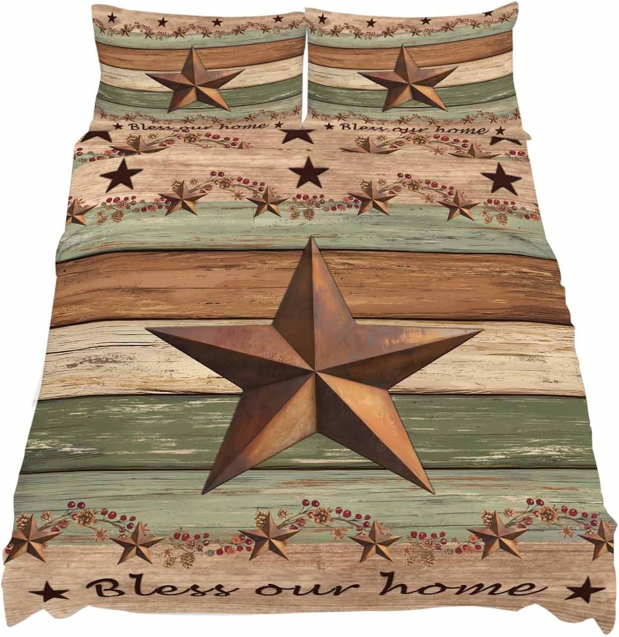 Western Texas Star Retro Cal King Sheet Set 4 Piece Bedding - Vintage Farmhouse Green Brown Wooden Breathable Comfy Cooling Bed Sheets & Pillowcase Sets, Hotel Flat Sheets Deep Pockets Fitted Sheet