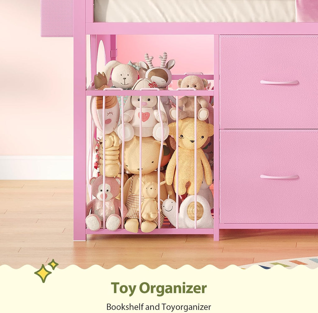 UPOSOJA Twin Size Low Loft Bed with RGB Lights & Play Zone, 8 XL Drawers, Kids Play Loft with 2-Step Ladder & Anti-Tip Kit (Pink)