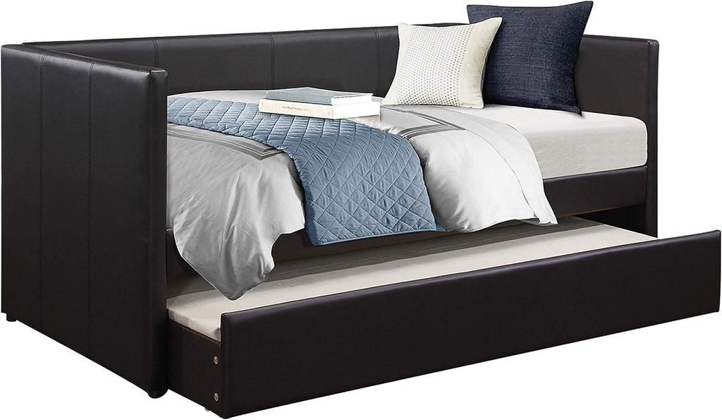 Homelegance Adra PU Leather Upholstered Daybed with Trundle, Twin, Black