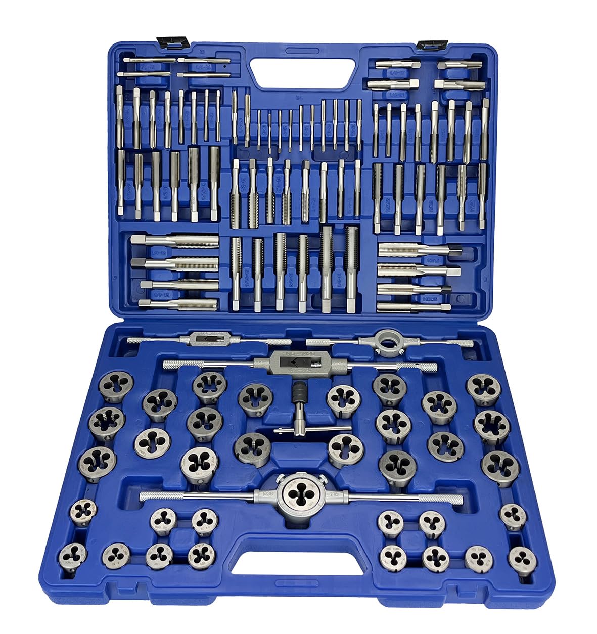 Drill America 110 Piece NC NF MM HSS Round Tap and Die Set with 1 and 1-1/2 OD Round Dies and Handles