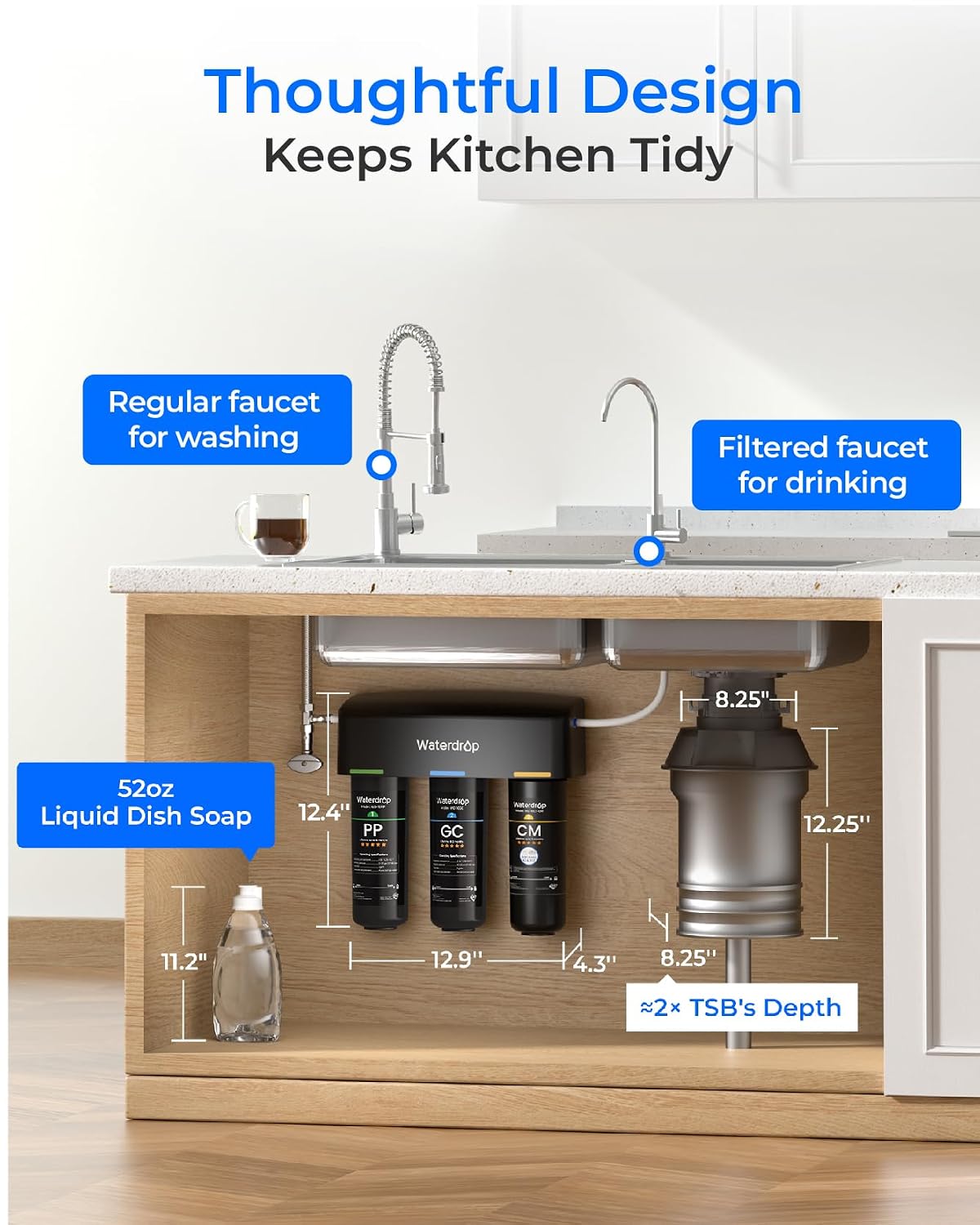 Waterdrop TSB-10-CM Under Sink Water Filter System Reduce Chloramine, Chlorine for CA, FL and Washington, D.C., Under Sink Water Filtration System with Brushed Nickel Faucet,NSF/ANSI 42 Certified