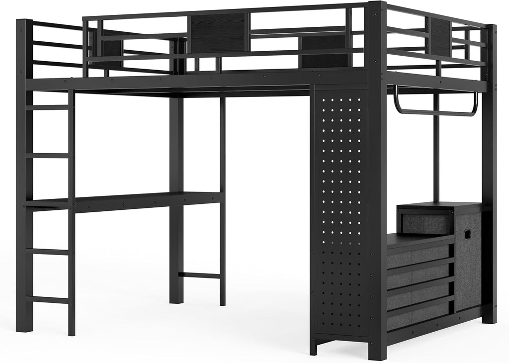 JIVOIT Queen Size Loft Bed with Desk & Shelves, All-in-One Loft Bed with Built-in Workstation & Storage, Space-Saving Metal Loft Bed with Cothesline Pole, Storage Pegboard, Laundry Bag