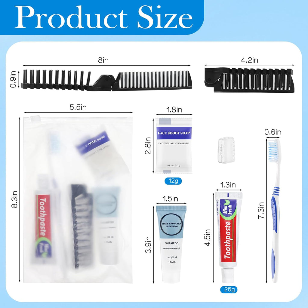 Travel Toiletries Supplies Kits Disposable Toiletry Amenities Set in Bulk, Hygiene Trial Size Personal Essentials Individually Wrapped 5-in-1 (100-Pack)