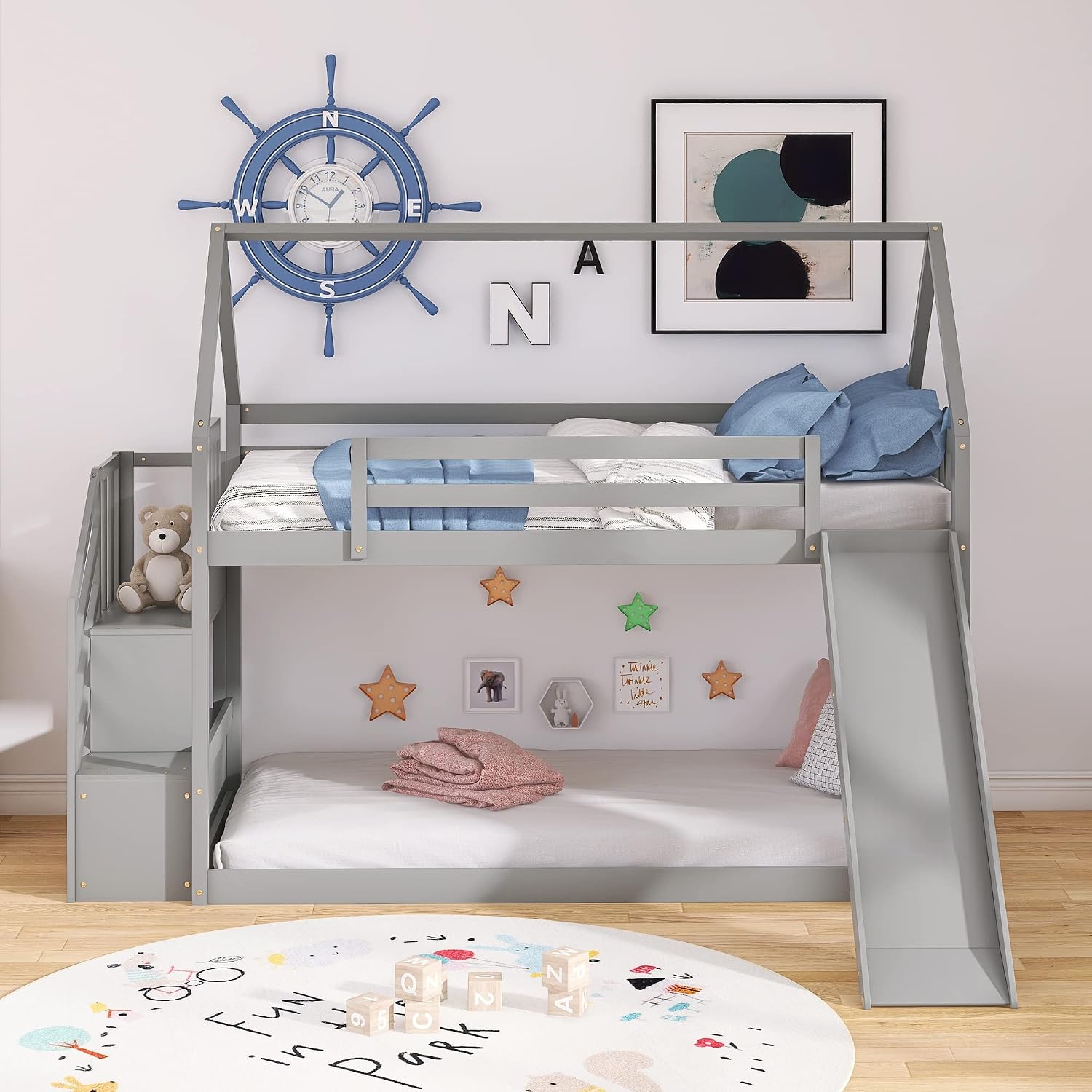 Twin Over Twin Bunk Bed with Slide for Kids Toddlers, House Bunk Bed Farm with Storage Steps and Roof Guardrail for Girls/Boys, No Spring Box Required (Gray-Storage Steps#2)