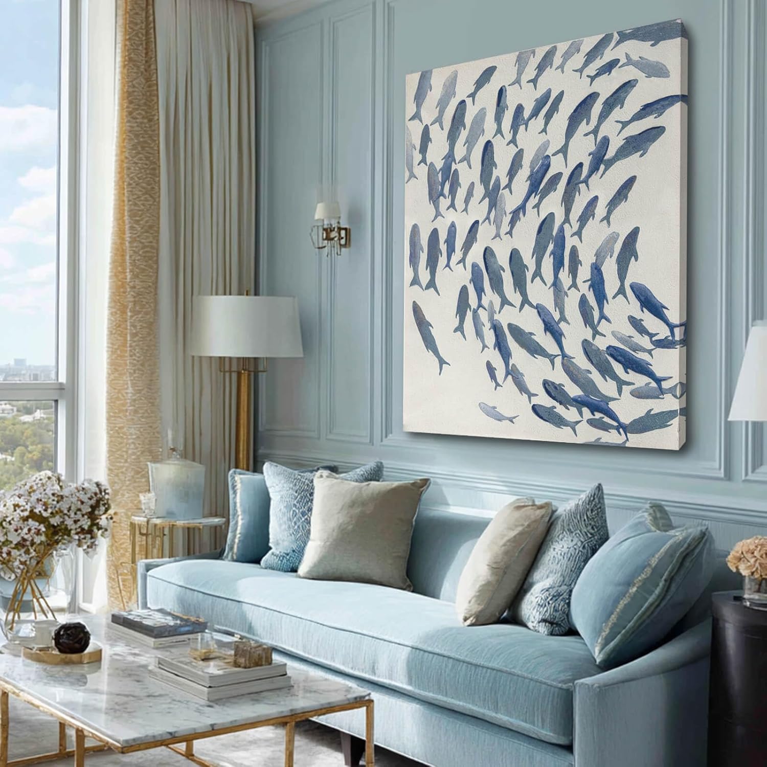 CHUDANHAO Blue and White Wall Decor Animal Decorative Paintings Fish Canvas Wall Art 30'x40' Office Decorations Artwork for Bedroom