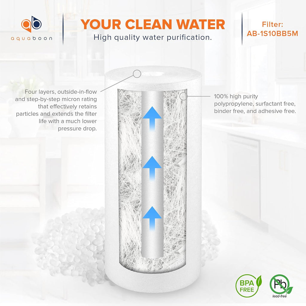 Aquaboon 5 Micron 10 x 4.5 Well Water Sediment Filter Replacement Whole House Water Filter Cartridge Compatible with DGD-5005, WFHD13001B, 12-Pack