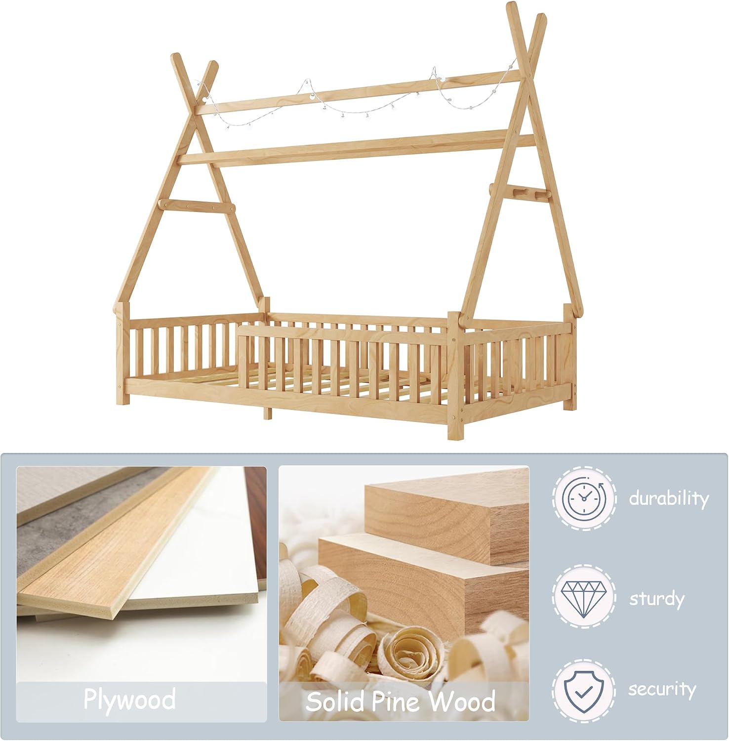 Twin Montessori Kids Floor Bed with Rails and LED Light, Low Twin Beds Frame with Fence and Removable Roof, Wood Montessori Floor Bed Frame for Kids, Girls, Boys, Natural