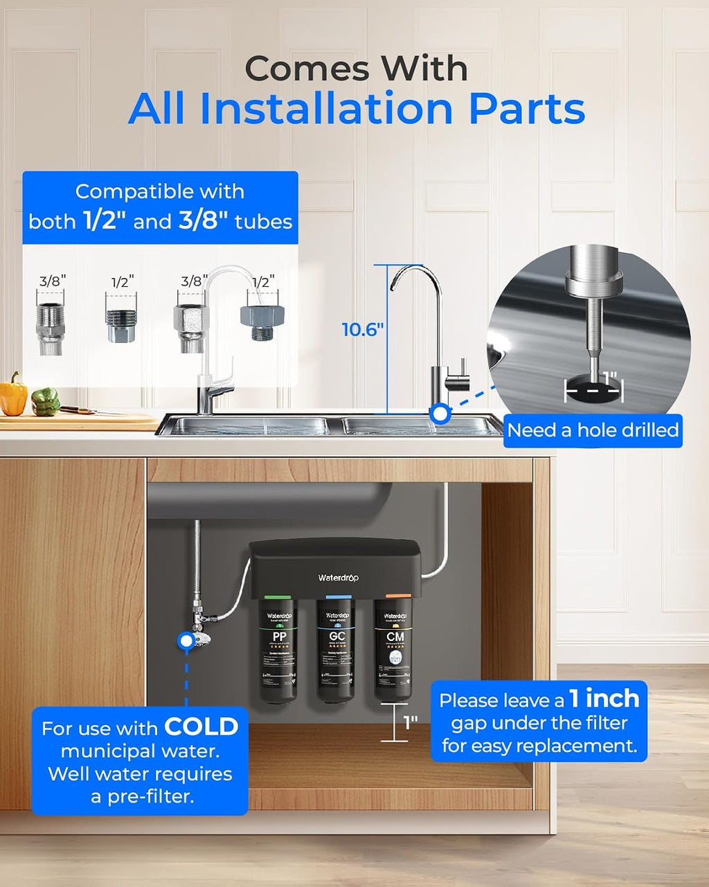 Waterdrop TSB-10-CM Under Sink Water Filter System Reduce Chloramine, Chlorine for CA, FL and Washington, D.C., Under Sink Water Filtration System with Brushed Nickel Faucet,NSF/ANSI 42 Certified