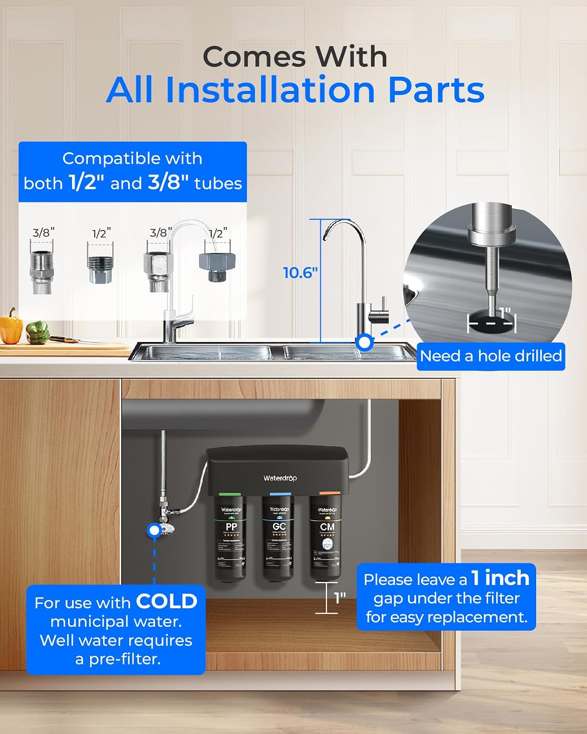Waterdrop TSB-10-CM Under Sink Water Filter System Reduce Chloramine, Chlorine for CA, FL and Washington, D.C., Under Sink Water Filtration System with Brushed Nickel Faucet,NSF/ANSI 42 Certified