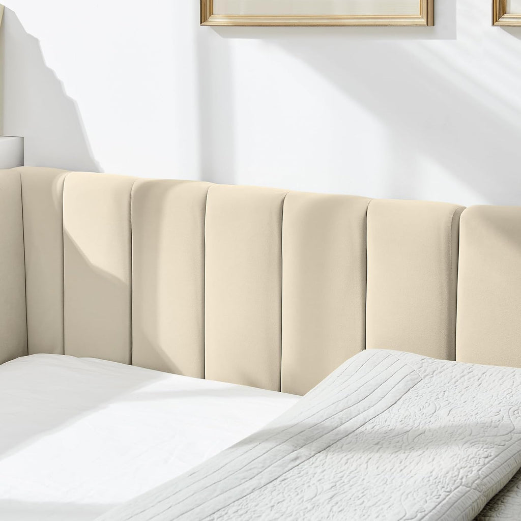 JIJIWANG Full Size L-Shape Corner Bed Frame, Velvet Upholstered Tufted Daybed with Comfortable Backrest and Armrests for Bedroom, Living Room,Beige