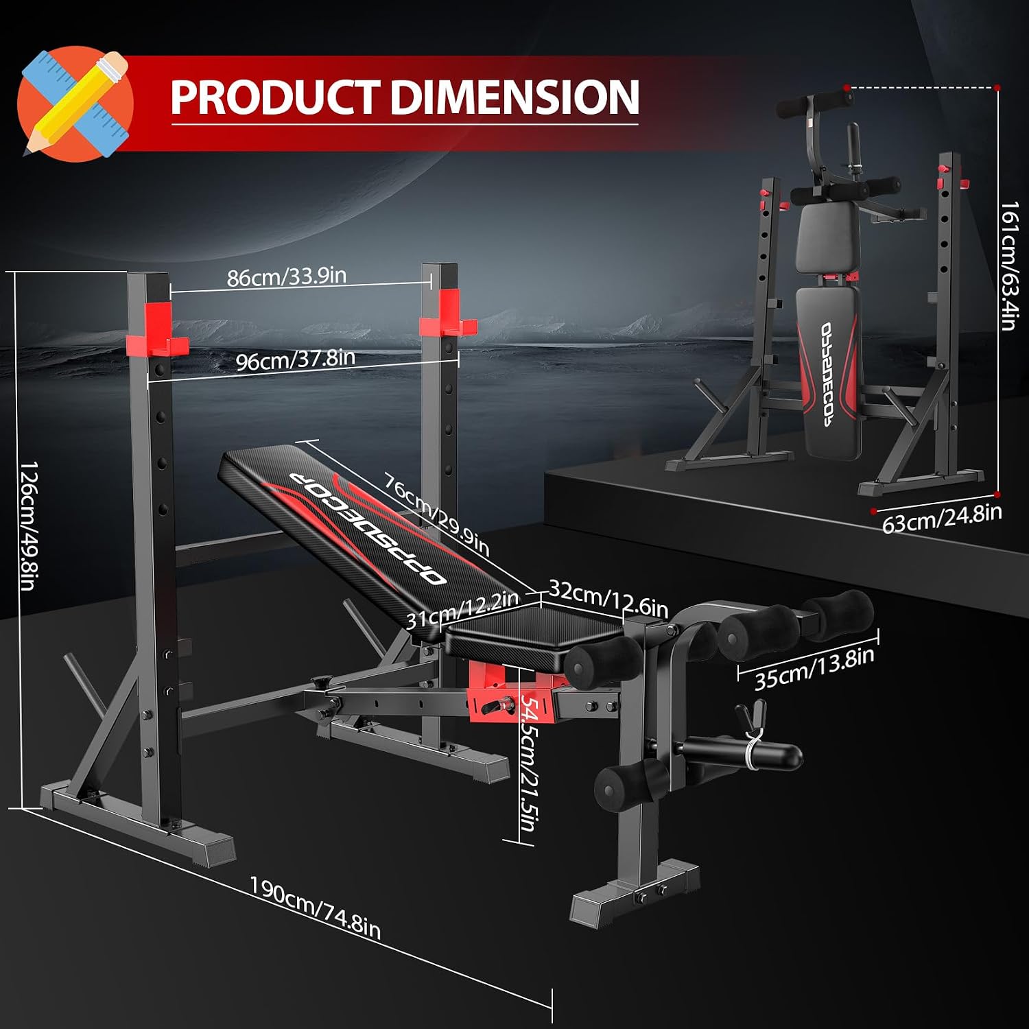 OPPSDECOR 900LBS 6 in 1 Weight Bench Set with Leg Extension and leg Curl, Adjustable Incline Decline Flat Bench Press with Squat Rack, Foldable All in One Home Gym Workout Bench for Full Body Training
