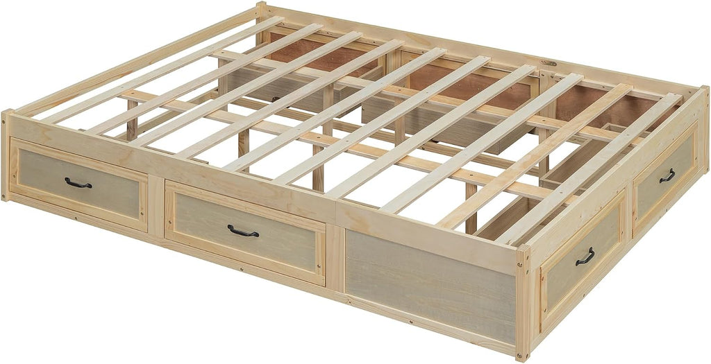Queen Size Wooden Platform Bed with 6 Storage Drawers, No Box Spring Needed (Antique Natural, Queen)