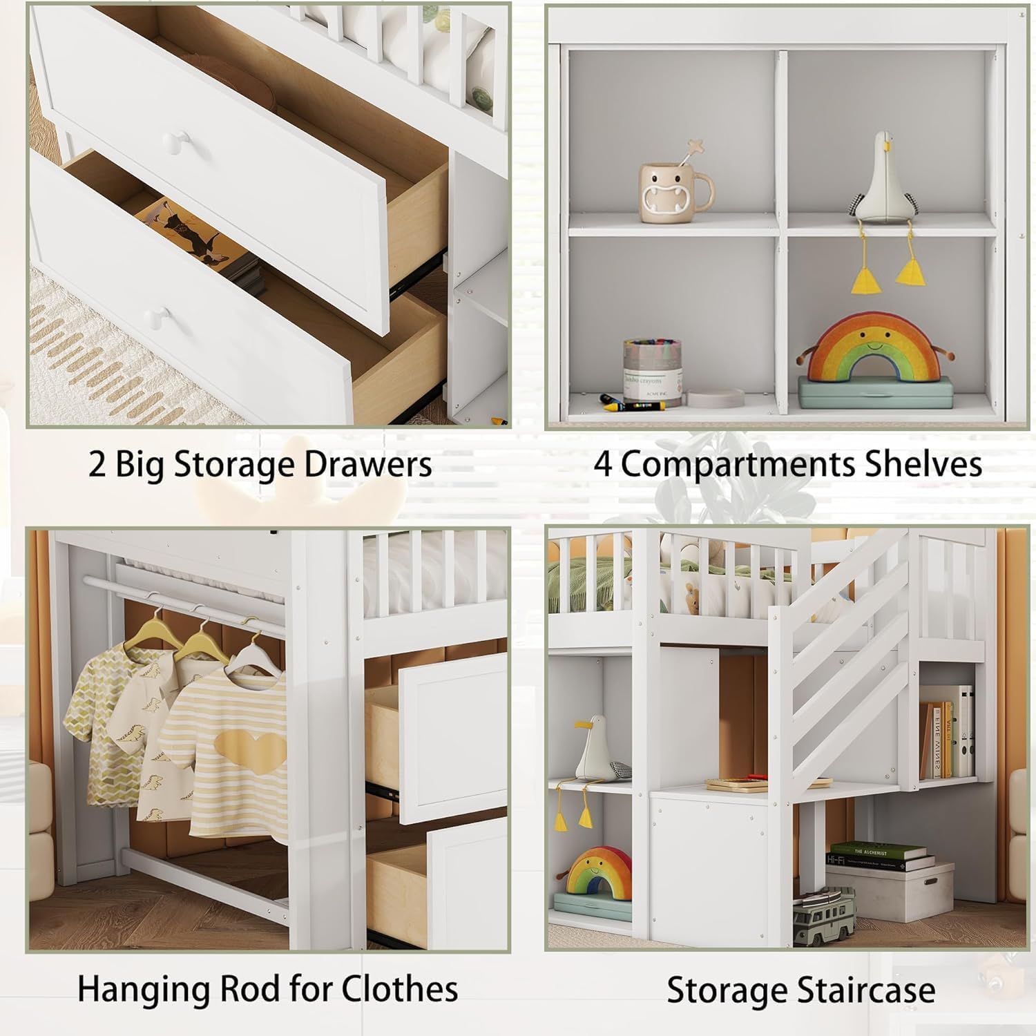 Twin Low Loft Bed with LED Lights, Loft Bed Frame for Kids with 2 Storage Drawers & Bookcase Headboard, Solid Wood Loft Beds with Stairs and Safety Guardrail for Junior Girls Boys (White)