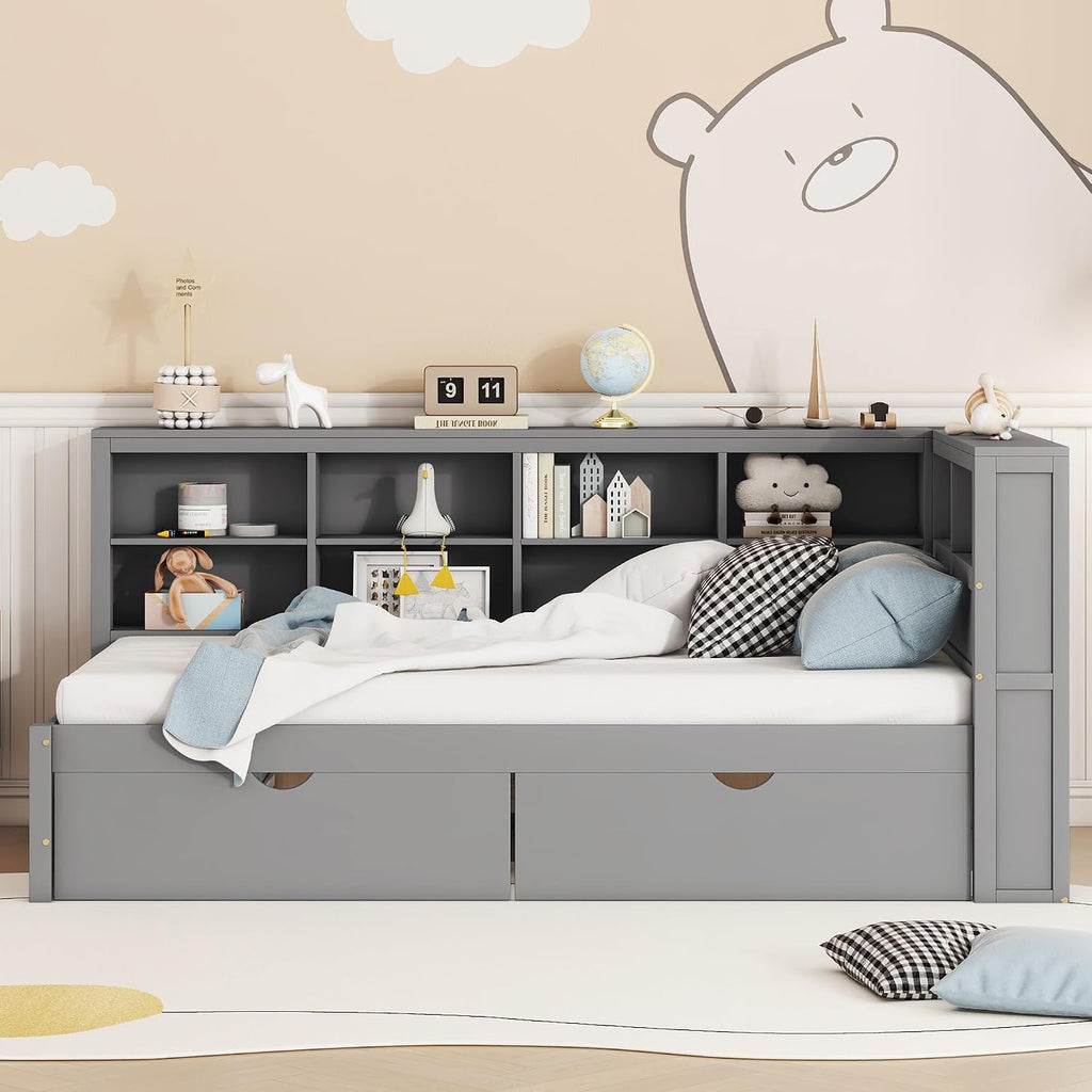 Twin Size Daybed with 2 Drawers,Minimalist Wooden Sofa Bed Frame with Storage Shelf and USB Charging Ports for Bedroom, Studyroom, Guestroom, Livingroom (Grey-wd56)