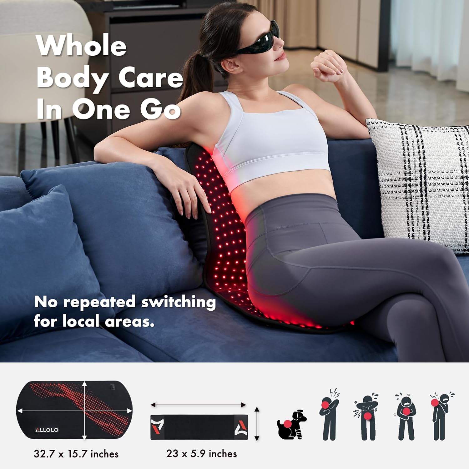 ALLOLO Red Light Therapy for Body, 3 in 1 LEDs Red Light Therapy Belt with Timer Remote Control, 660nm 850nm Infrared Light Therapy Pad for Body Waist Shoulder Knee, 32.7' x 15.7' Large Area