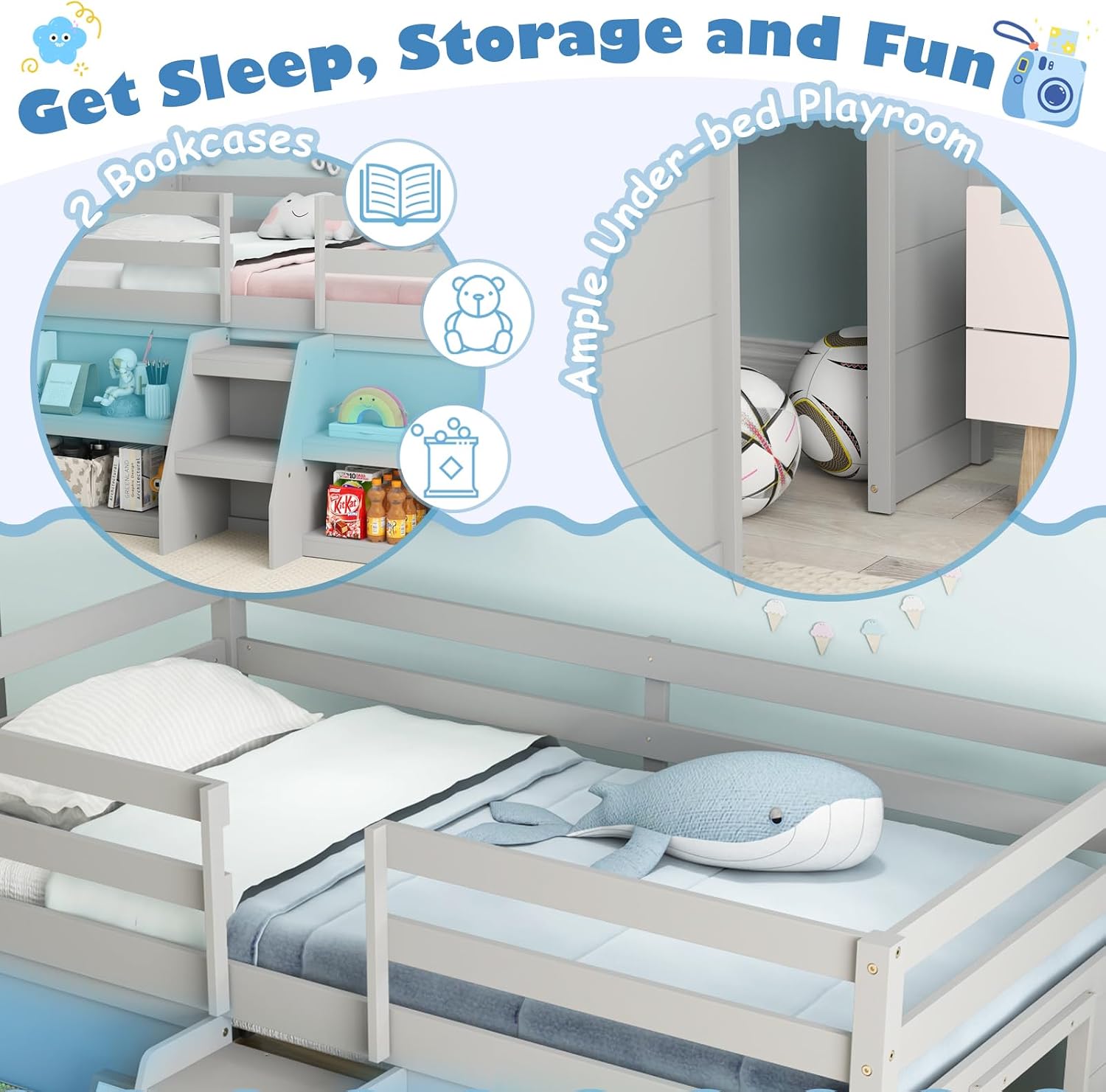 KOMFOTT Low Loft Bed with LED Light & 2 Bookcases, Wood Kids Twin Bed with Under-Bed Play Space, Stairs & Guardrails, No Box Spring Needed, Modern Low Loft Bed Frame, Grey