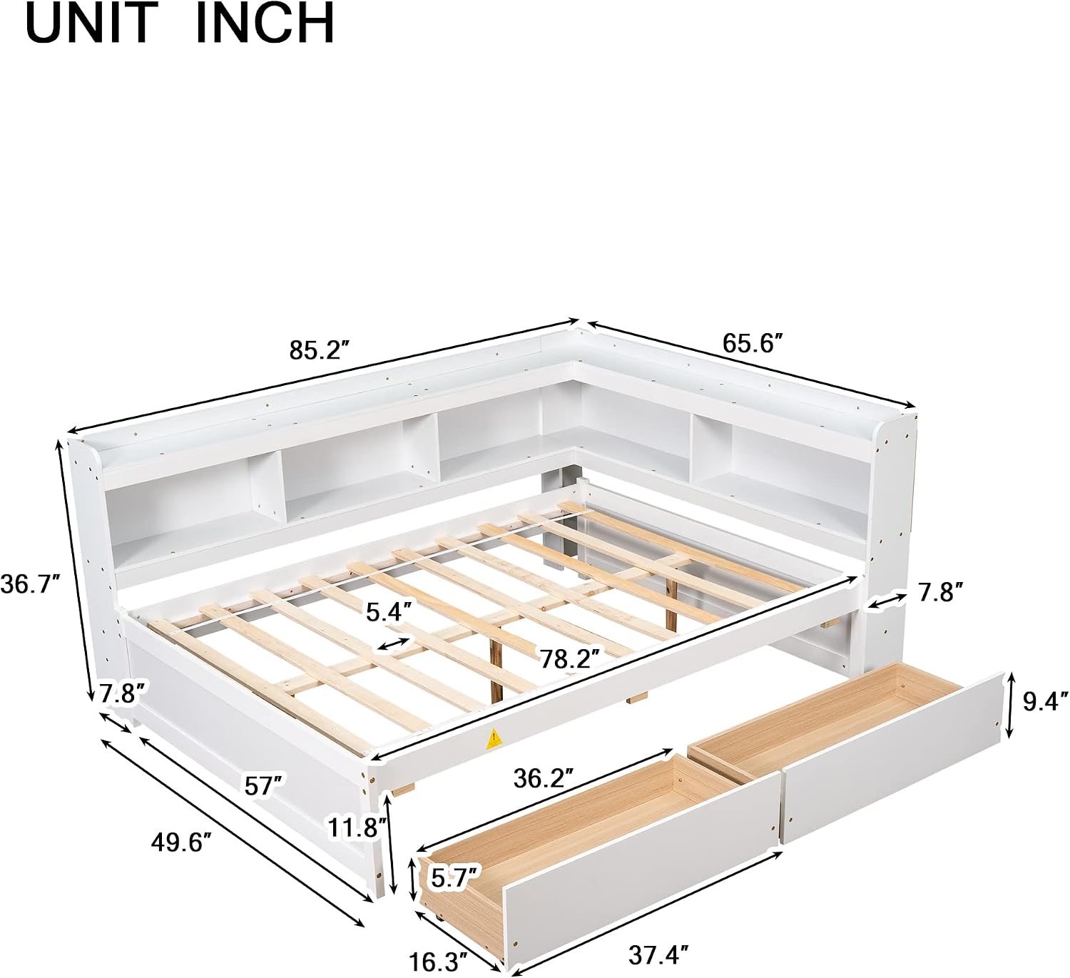 Full Size Platform Bed with L-Shaped Storage Shelfs and Bookcases, Pine Wood Day Bed with 2 Storage Drawers for Office/Living Room/Bedroom, Maximize Space (White)