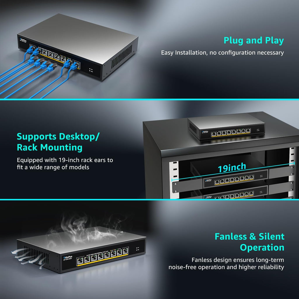 8 Ports 5Gb Unmanaged Ethernet Switch with 8*5G Base-T Ports. GiGaPlus 5Gbps Network Switch for 5Gbe NAS/PC, 5Gbps Adapter/NIC, WiFi7 Router, Desktop/19-inch Rack Mount