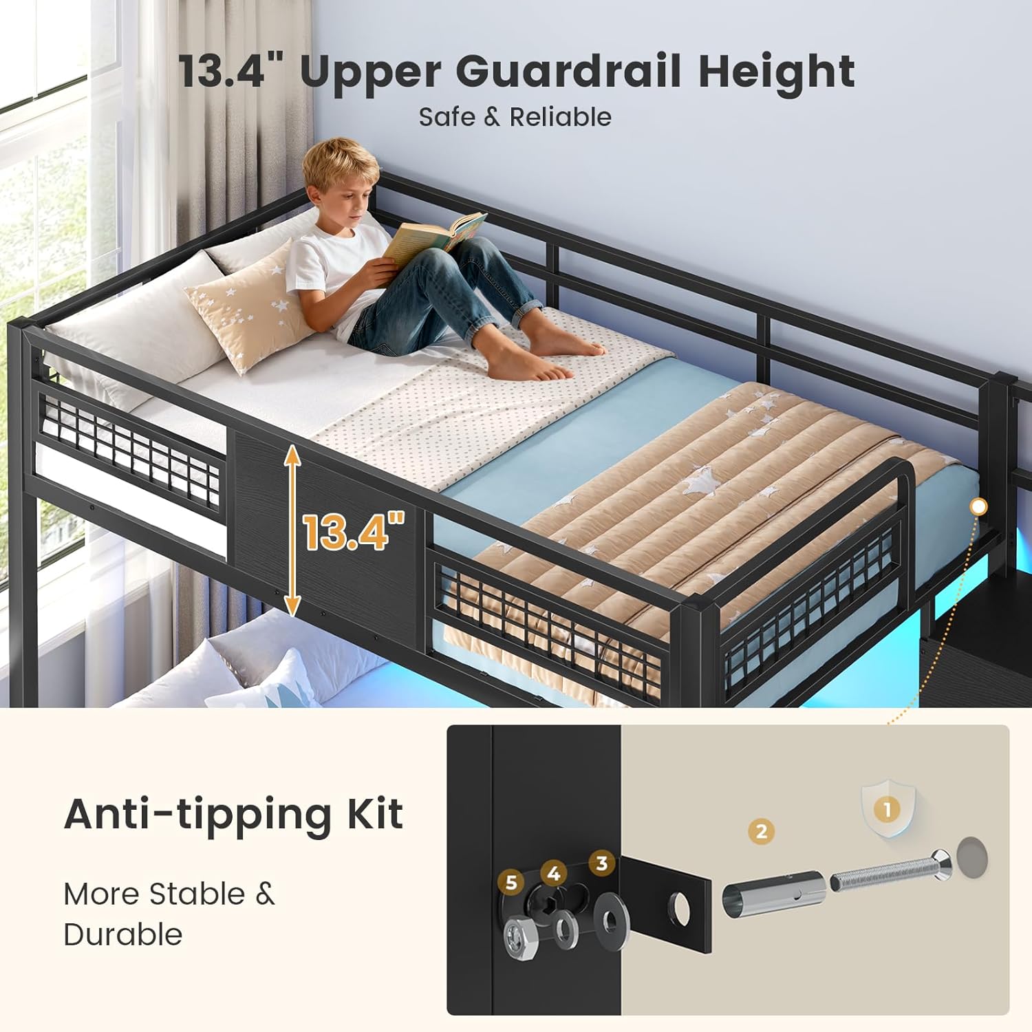 BTHFST Bunk Bed Twin Over Twin with Stairs, LED Lights Twin Bunk Bed with 2 Storage Drawers & 6 Fabric Drawers, Metal Twin Loft Beds with Guardrail & Stairs, Space Saving, Sturdy Frame for Teens
