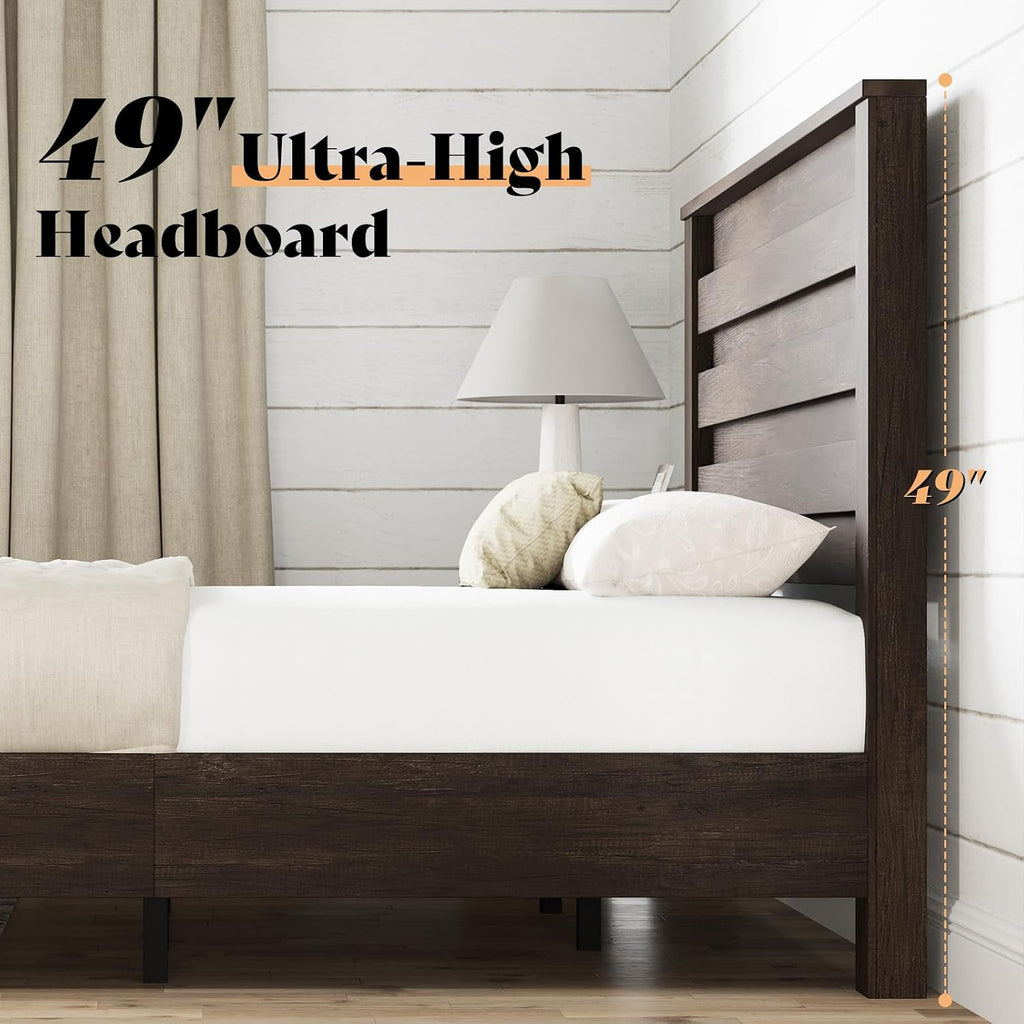 AMERLIFE Farmhouse Full Size Bed Frame with 49' Fluted Headboard, Platform Bed with Natural Wood Grain, No Box Spring Needed/Noise Free, Grey