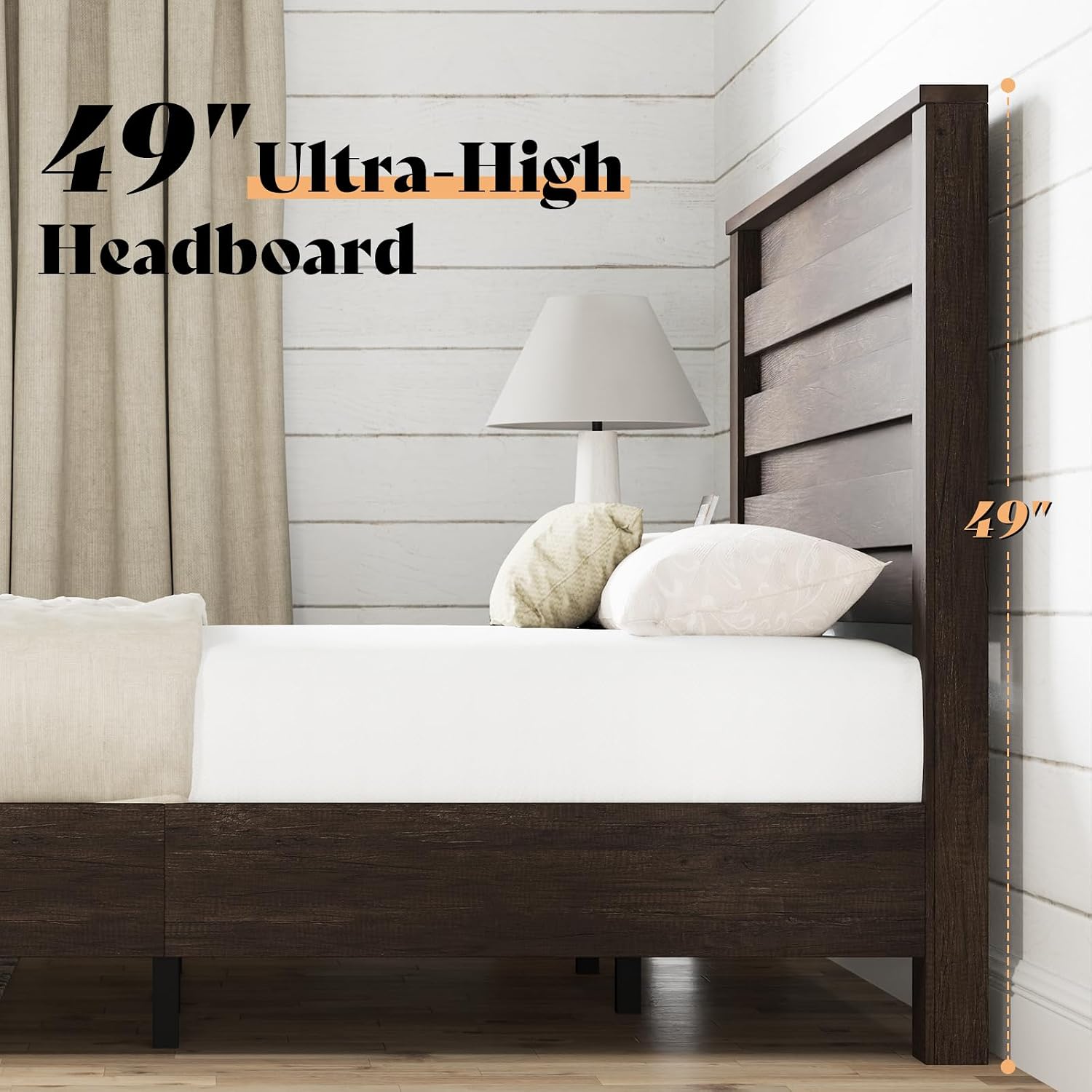 AMERLIFE Farmhouse Full Size Bed Frame with 49' Fluted Headboard, Platform Bed with Natural Wood Grain, No Box Spring Needed/Noise Free, Grey