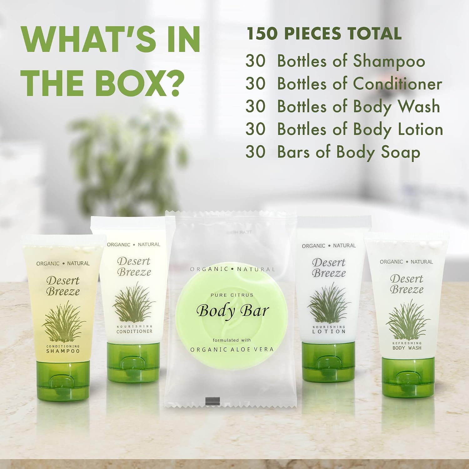 Travel Size Hotel Toiletry Set 150 Count 1 oz Bottles Guest Amenities for Vacation Rentals and Short Term Rentals Paraben Free Green Tea Lemongrass Scent Infused with Aloe and Olive Oil |Desert Breeze
