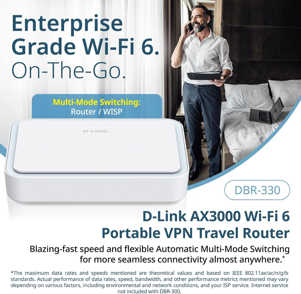 D-Link AX3000 Wi-Fi 6 Portable VPN Travel Router (DBR-330), Multi-WAN, Business-Grade Security, VPN, SPI Firewall, File Sharing, Compact WiFi Hotspot for Public WiFi Sharing, Remote Work, RV, Hotel