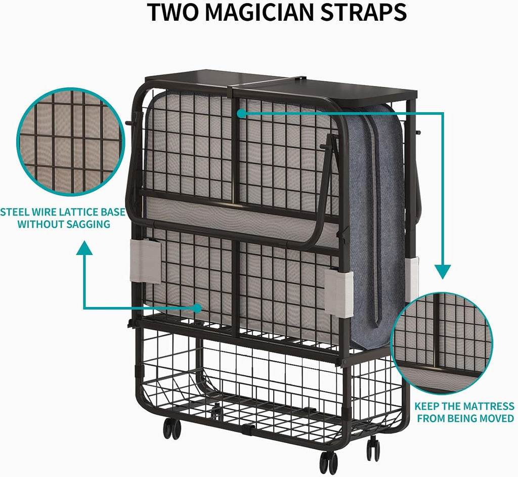 BALUS Folding Bed with Mattress for Adults, 75' x 31' Rollaway Bed with Head Baffle & Mesh Storage Basket, Fold Up Beds for Guests, Foldable Frame with Locking Casters for Easy Moving（Upgrade）
