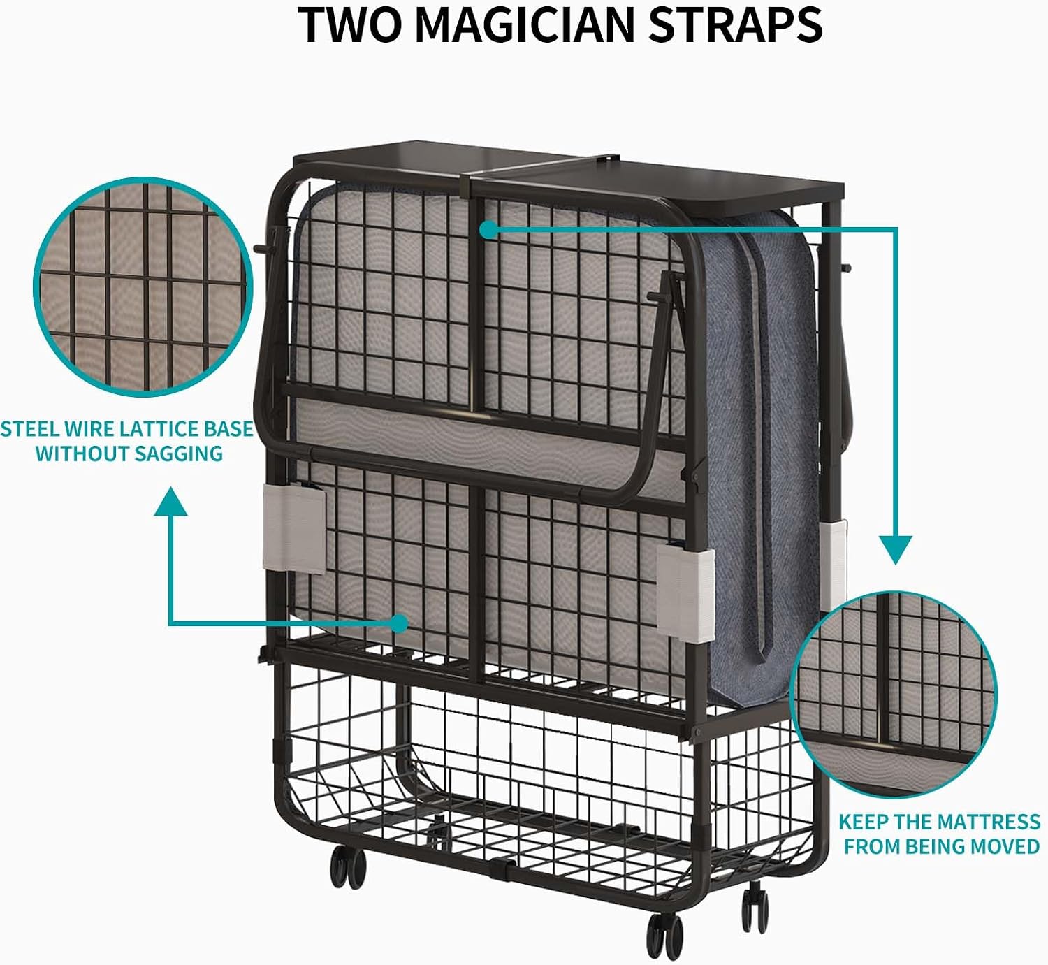 BALUS Folding Bed with Mattress for Adults, 75' x 31' Rollaway Bed with Head Baffle & Mesh Storage Basket, Fold Up Beds for Guests, Foldable Frame with Locking Casters for Easy Moving（Upgrade）