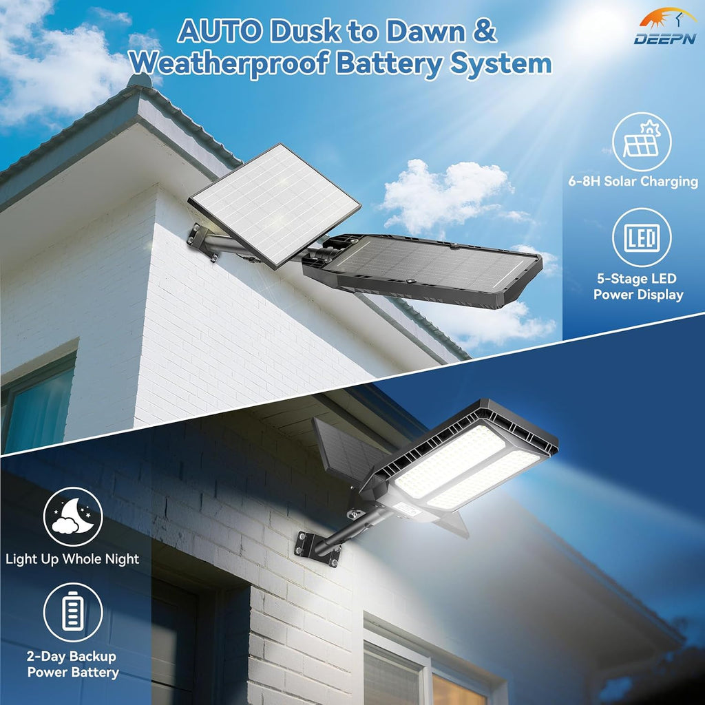 Deepn Solar Lights Outdoor, 8000w SolarStreet Lights Outdoor Waterproof Dusk toDawn LED Security Flood Light with MotionSensor and Remote Control for Pathway,Entryway & Yard, 2 Pack