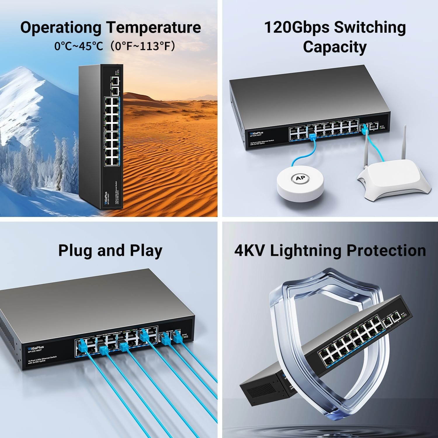 18 Ports 10Gb Unmanaged Ethernet Switch with 16*2.5G Base-T Ports, 2*10G RJ45 Ports. 120Gbps Switching Capacity, GiGaPlus 10Gbps Network Switch for 2.5G/10Gbps NAS/PC, WiFi6 Router, Wireless AP