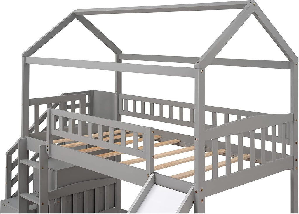 Twin Over Twin Bunk Beds with Slide and Storage Steps, Bunk Bed for Kids Toddlers, Playhouse Farmhouse Roof Guardrail Ladder 2 Drawers, for Girls/Boys, No Spring Box Required (Gray+Storage Steps)