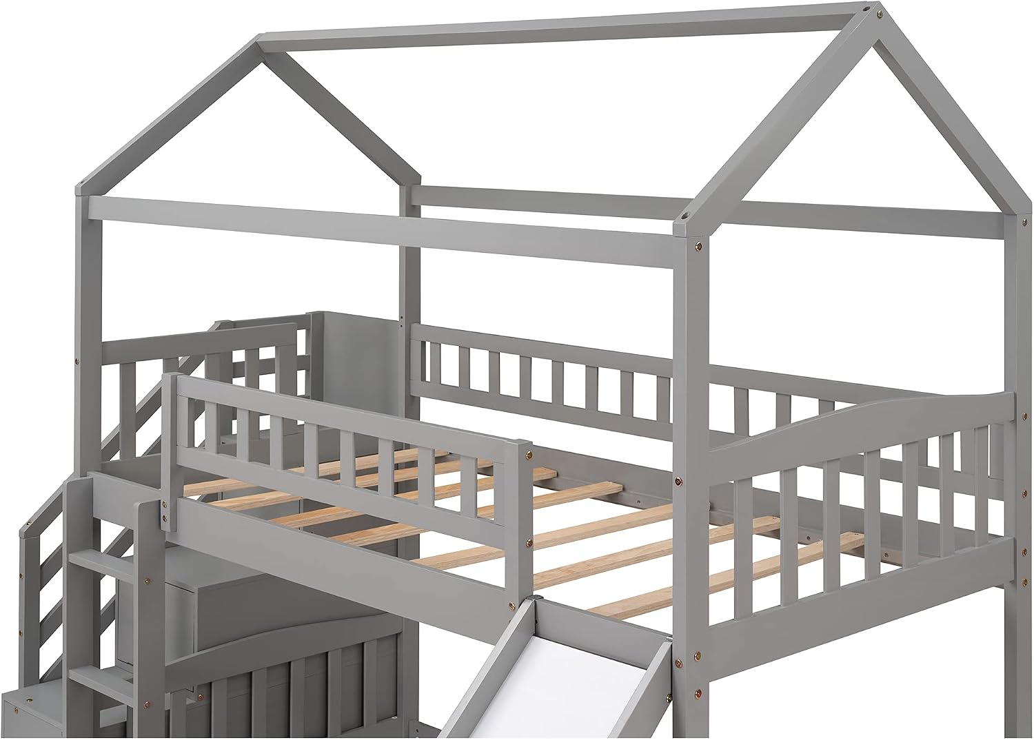 Twin Over Twin Bunk Beds with Slide and Storage Steps, Bunk Bed for Kids Toddlers, Playhouse Farmhouse Roof Guardrail Ladder 2 Drawers, for Girls/Boys, No Spring Box Required (Gray+Storage Steps)