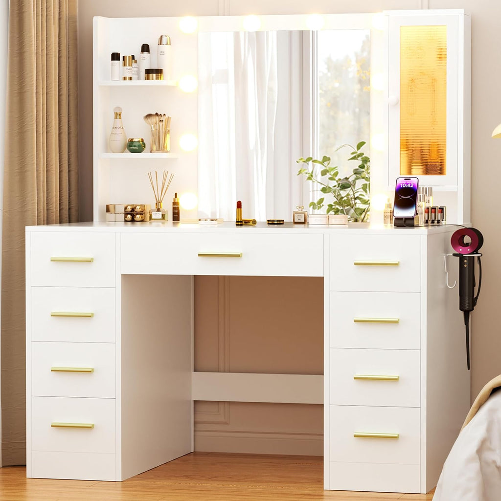 ERLEJIA Vanity Desk with Mirror and Lights, Large 43' White Makeup Vanity Desk with 9 Drawers and Power Outlet, 3 Open Shelves and 1 RGB Lighting Cabinet, White and Gold