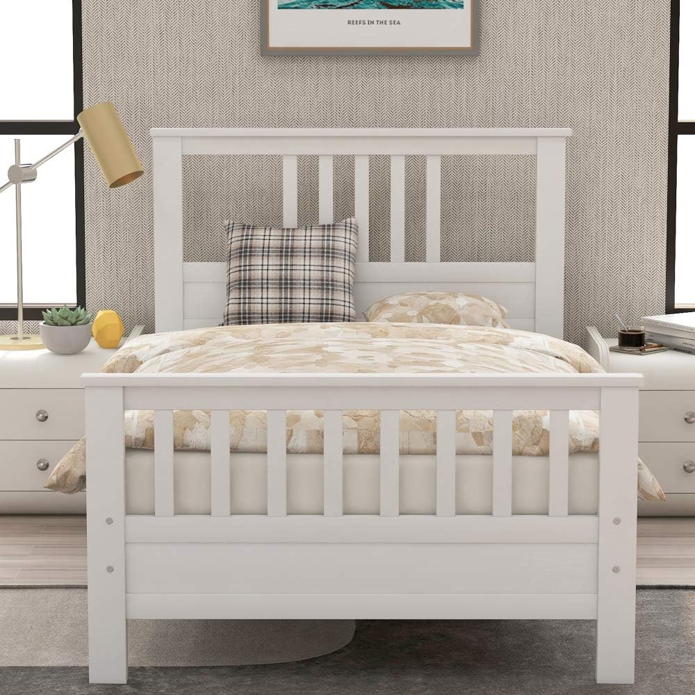 Solid Wood Platform Bed Frame with Integrated Headboard and Footboard for Supportive, Minimalist Bedroom Setup (White + Pine + Twin)