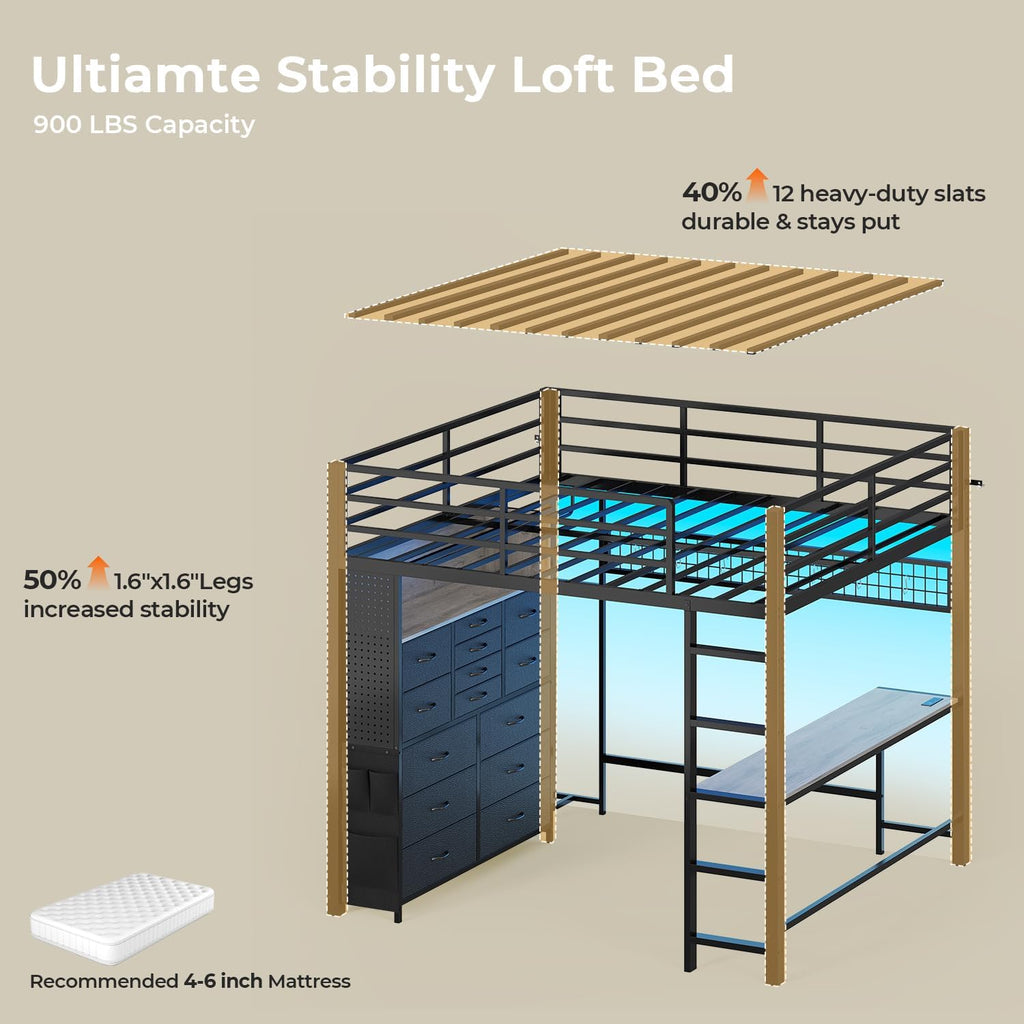 ADORNEVE Full Size Loft Bed with Desk,14 Storage Drawers & Power Outlet, Full Loft Beds with LED Lights, Pegboard, Metal Loft Bed with Safety Guardrail & Ladder, Space Saving for Teens, Black