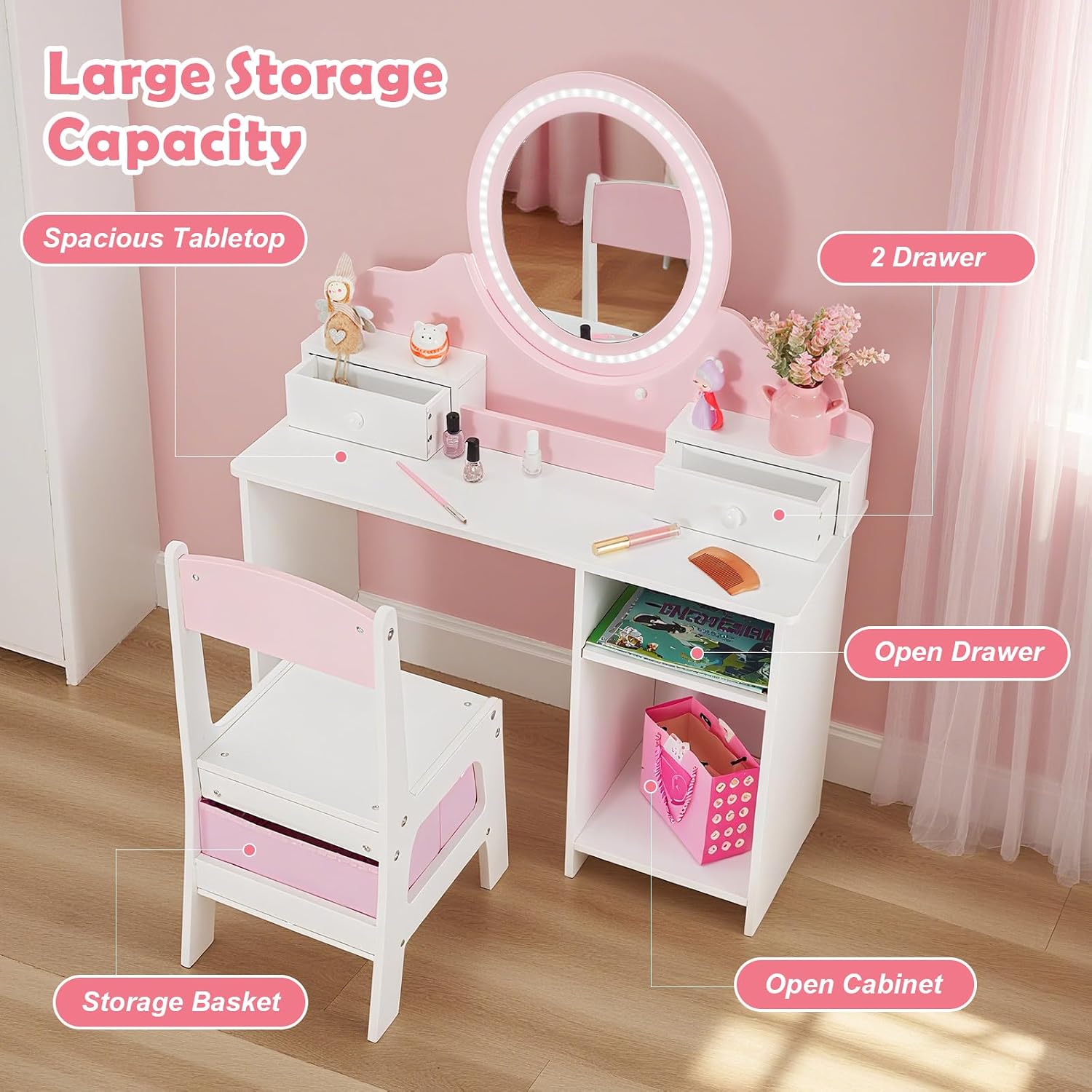 JOYLDIAS Kids Vanity Set with Lights, Pink Girls Vanity with Mirror and Chair, 2-in-1 Toddler Makeup Vanity Desk with 2 Drawers, Storage Cabinet & Shelves, Dressing Table for Kids Ages 3+