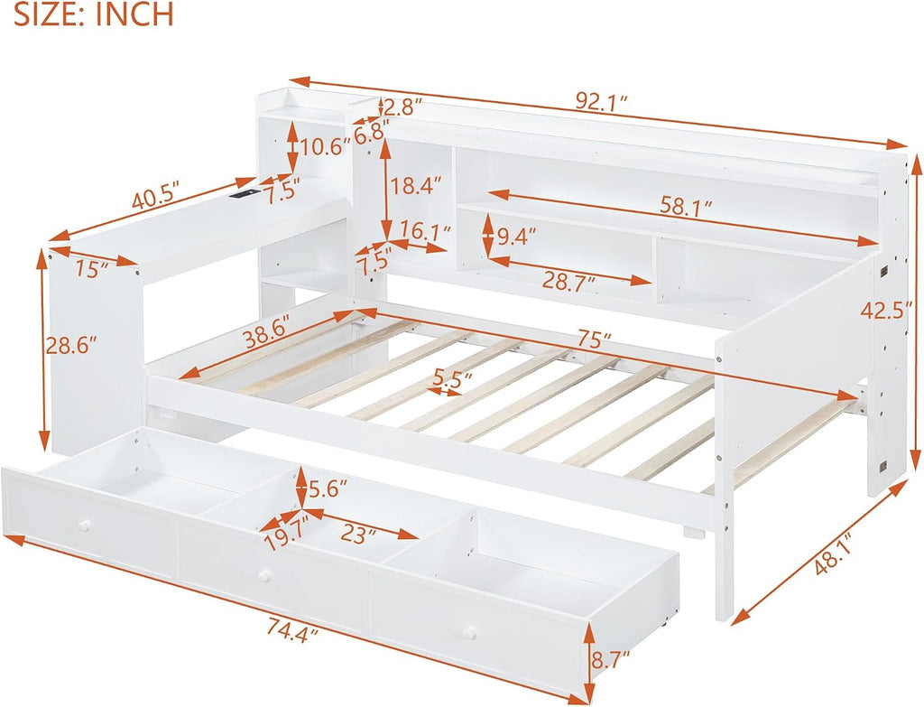 Twin Size Daybed with Storage Shelves and Study Desk, Wooden Daybed Sofa Bed Frame with 3 Drawers and USB Ports for Office Living Room Bedroom, Maximize Space (White-23U)