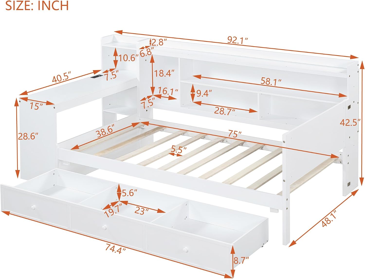 Twin Size Daybed with Storage Shelves and Study Desk, Wooden Daybed Sofa Bed Frame with 3 Drawers and USB Ports for Office Living Room Bedroom, Maximize Space (White-23U)