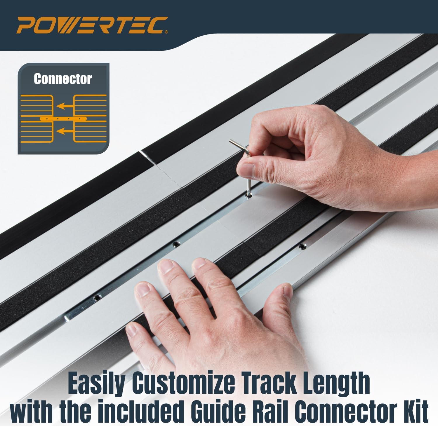 POWERTEC 110' Track Saw Guide Rail Joining Set for Kreg Track Saws, Include 2x55' Extruded Aluminum Guide Rail and 2 Rail Extension Connectors Perfect for Repeatable Rip Cuts & Crosscuts (71991)