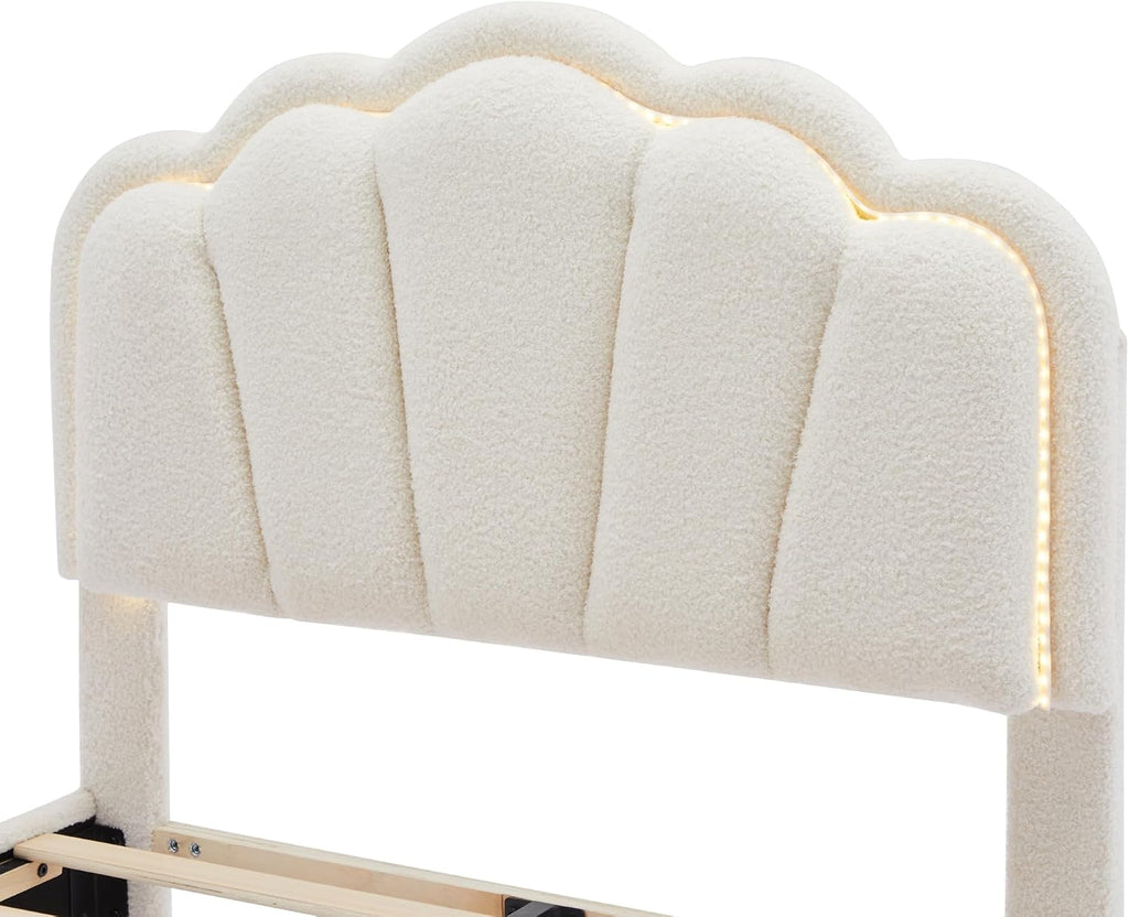 2 Pcs Bedroom Sets Twin Size Flower Shaped Upholstered LED Platform Bed with Storage Ottoman Sherpa Fabric, White