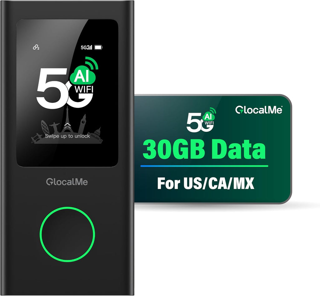 GlocalMe Numen Air 5G Hotspot with 30GB US/CA/MX Data 60Days, Portable WiFi Hotspot for Travel, Ultra High Speed Mobile Hotspot Device with Touch Screen, No SIM Card Required, 16 Connected Devices
