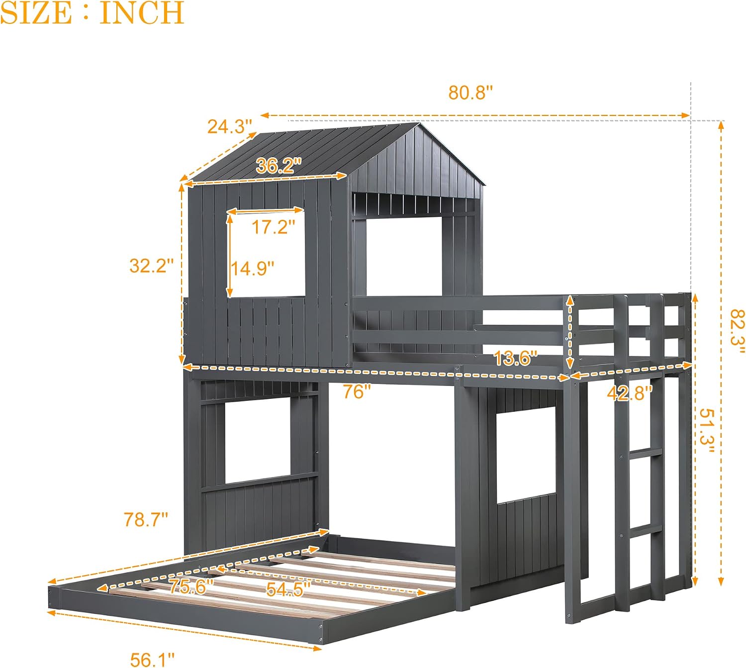 KLMM Twin Over Full Bunk Beds for Kids Toddlers, Wooden Play Farm House Bunk Bed with Roof Window Guardrail Ladder, for Girls Boys, No Spring Box Required (Gray-BUNK Bed-Twin-Full-4)
